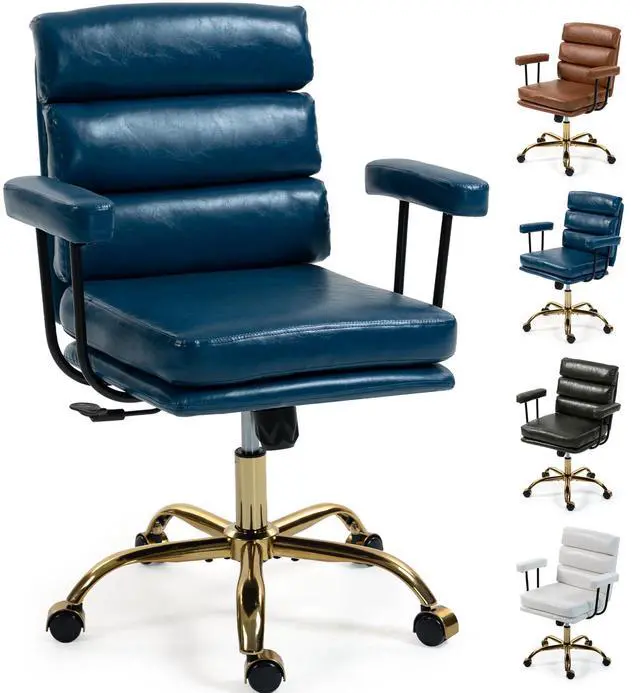 Alt view image 2 of 7 - VANBOW Faux Leather Home Office Desk Chair, Gold Base Vanity Chair with Wheels, Padded Seat and Armrests, Adjustable Height Swivel Executive Computer Chair, Blue