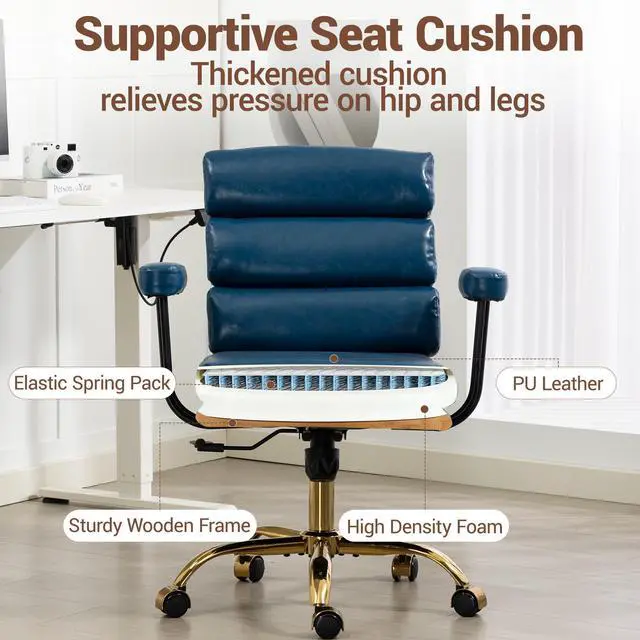 Alt view image 4 of 7 - VANBOW Faux Leather Home Office Desk Chair, Gold Base Vanity Chair with Wheels, Padded Seat and Armrests, Adjustable Height Swivel Executive Computer Chair, Blue