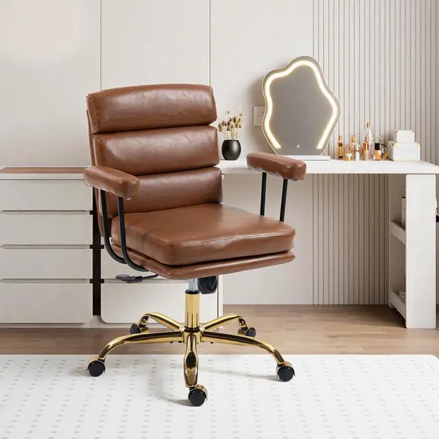 Main image of VANBOW Faux Leather Home Office Desk Chair, Gold Base Vanity Chair with Wheels, Padded Seat and Armrests, Adjustable Height Swivel Executive Computer Chair, Brown