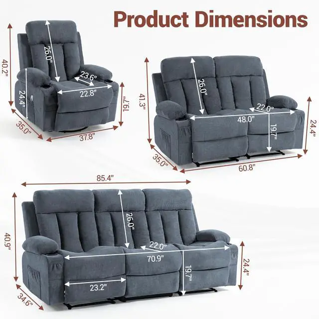 Alt view image 2 of 7 - VANBOW Manual Recliner Sofa Set, 3 Piece Reclining Living Room Furniture Sets with Cup Holders for Home Theater, Office (Blue, Sofa+Loveseat+Chair)