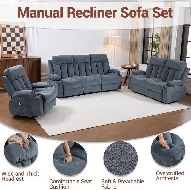 Alt view image 6 of 7 - VANBOW Manual Recliner Sofa Set, 3 Piece Reclining Living Room Furniture Sets with Cup Holders for Home Theater, Office (Blue, Sofa+Loveseat+Chair)