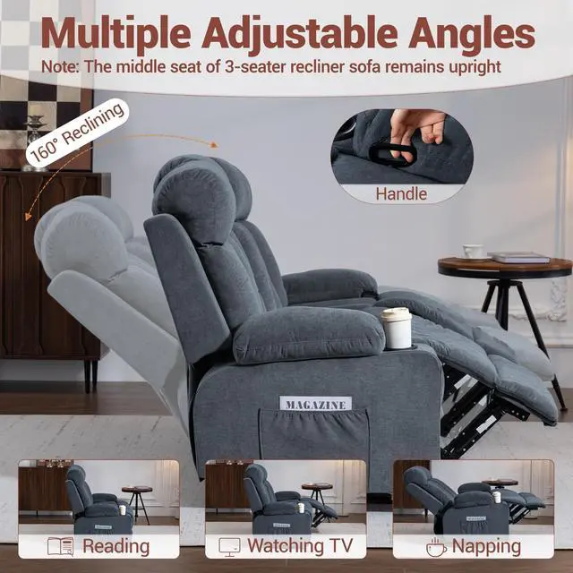 Alt view image 3 of 7 - VANBOW Manual Recliner Sofa Set, 3 Piece Reclining Living Room Furniture Sets with Cup Holders for Home Theater, Office (Blue, Sofa+Loveseat+Chair)