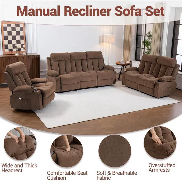 Alt view image 7 of 7 - VANBOW Manual Recliner Sofa Set, 3 Piece Reclining Living Room Furniture Sets with Cup Holders for Home Theater, Office (Brown, Sofa+Loveseat+Chair)
