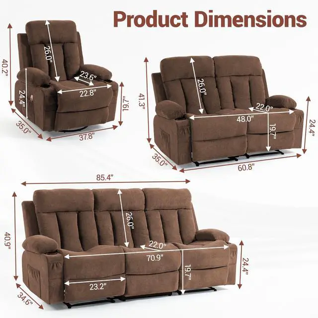 Alt view image 2 of 7 - VANBOW Manual Recliner Sofa Set, 3 Piece Reclining Living Room Furniture Sets with Cup Holders for Home Theater, Office (Brown, Sofa+Loveseat+Chair)