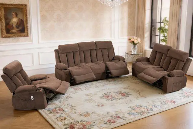 Main image of VANBOW Manual Recliner Sofa Set, 3 Piece Reclining Living Room Furniture Sets with Cup Holders for Home Theater, Office (Brown, Sofa+Loveseat+Chair)