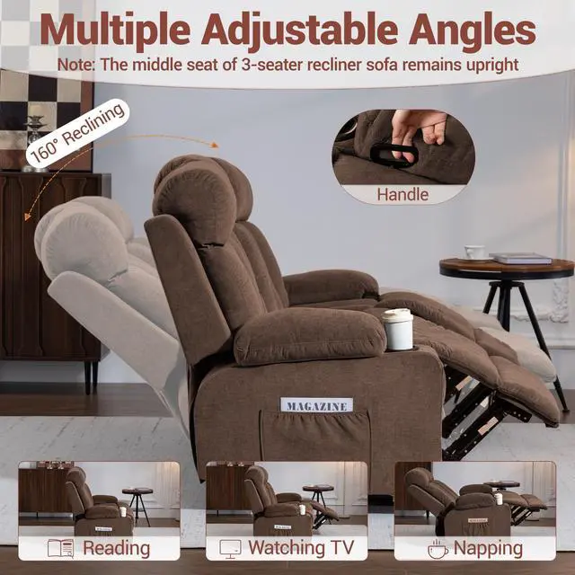 Alt view image 3 of 7 - VANBOW Manual Recliner Sofa Set, 3 Piece Reclining Living Room Furniture Sets with Cup Holders for Home Theater, Office (Brown, Sofa+Loveseat+Chair)