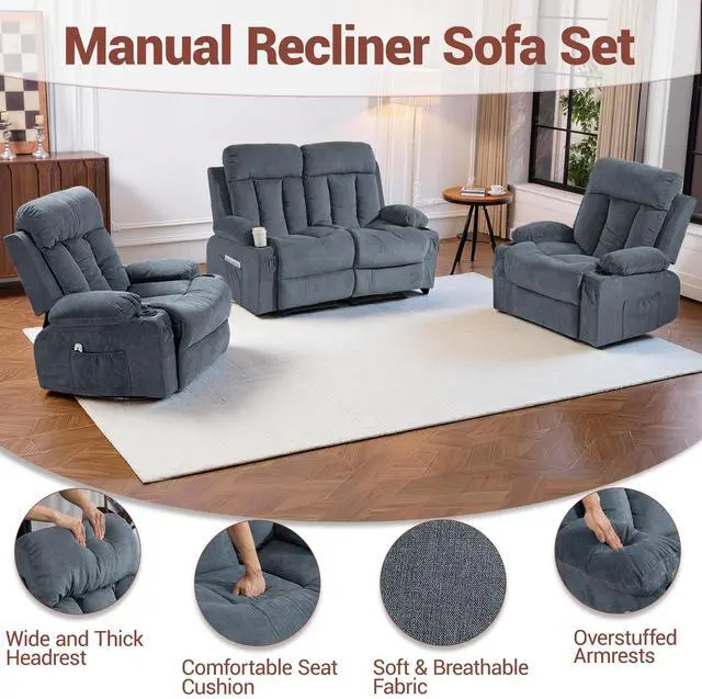 Alt view image 7 of 7 - VANBOW Manual Recliner Sofa Set, 3 Piece Reclining Living Room Furniture Sets with Cup Holders for Home Theater, Office (Blue, Loveseat+Chair+Chair)