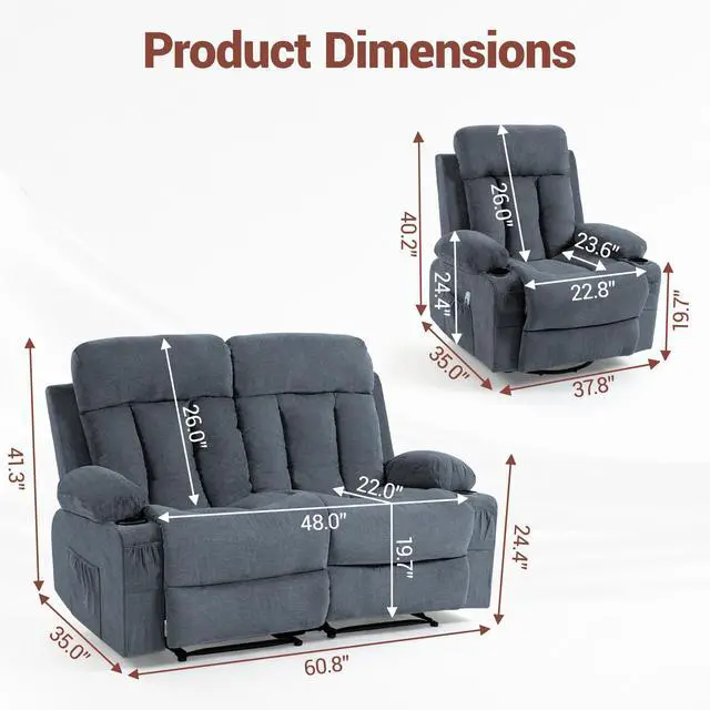 Alt view image 2 of 7 - VANBOW Manual Recliner Sofa Set, 3 Piece Reclining Living Room Furniture Sets with Cup Holders for Home Theater, Office (Blue, Loveseat+Chair+Chair)