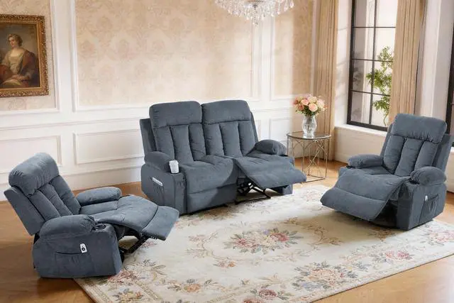 Main image of VANBOW Manual Recliner Sofa Set, 3 Piece Reclining Living Room Furniture Sets with Cup Holders for Home Theater, Office (Blue, Loveseat+Chair+Chair)