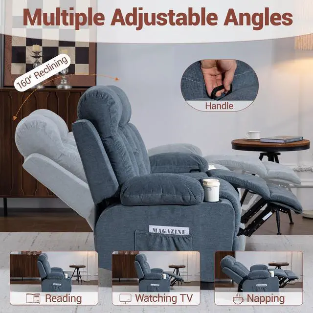 Alt view image 3 of 7 - VANBOW Manual Recliner Sofa Set, 3 Piece Reclining Living Room Furniture Sets with Cup Holders for Home Theater, Office (Blue, Loveseat+Chair+Chair)