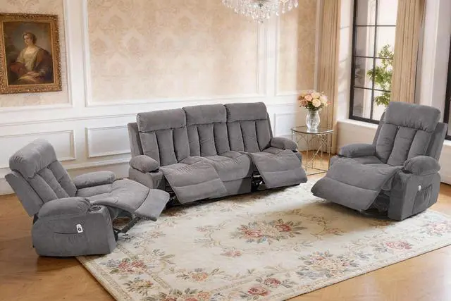 Main image of VANBOW Manual Recliner Sofa Set, 3 Piece Reclining Living Room Furniture Sets with Cup Holders for Home Theater, Office (Grey, Sofa+Chair+Chair)
