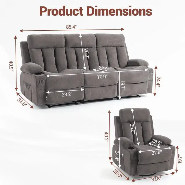 Alt view image 2 of 7 - VANBOW Manual Recliner Sofa Set, 3 Piece Reclining Living Room Furniture Sets with Cup Holders for Home Theater, Office (Grey, Sofa+Chair+Chair)