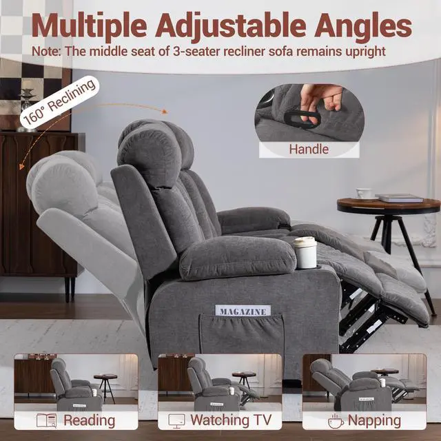 Alt view image 3 of 7 - VANBOW Manual Recliner Sofa Set, 3 Piece Reclining Living Room Furniture Sets with Cup Holders for Home Theater, Office (Grey, Sofa+Chair+Chair)