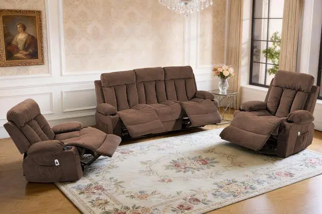 Main image of VANBOW Manual Recliner Sofa Set, 3 Piece Reclining Living Room Furniture Sets with Cup Holders for Home Theater, Office (Brown, Sofa+Chair+Chair)