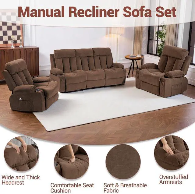 Alt view image 7 of 7 - VANBOW Manual Recliner Sofa Set, 3 Piece Reclining Living Room Furniture Sets with Cup Holders for Home Theater, Office (Brown, Sofa+Chair+Chair)
