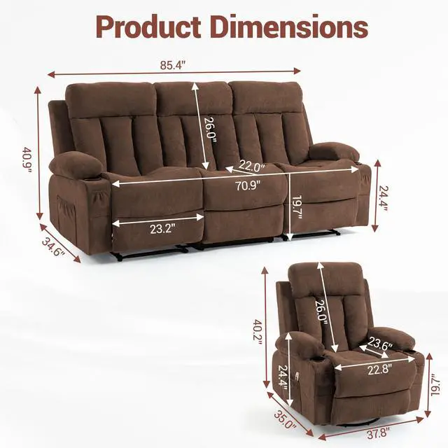 Alt view image 2 of 7 - VANBOW Manual Recliner Sofa Set, 3 Piece Reclining Living Room Furniture Sets with Cup Holders for Home Theater, Office (Brown, Sofa+Chair+Chair)