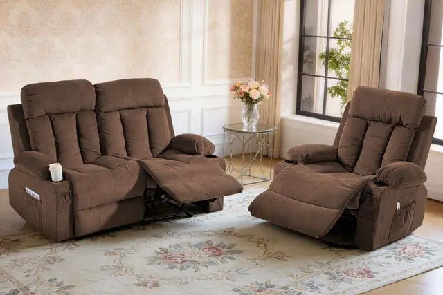 Main image of VANBOW Manual Recliner Sofa Set, 2 Piece Reclining Living Room Furniture Sets with Cup Holders for Home Theater, Office (Brown, Loveseat+Chair)