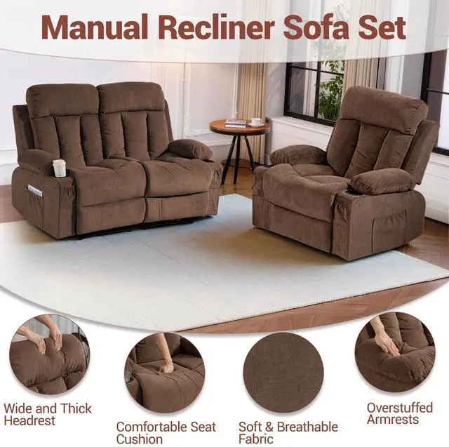 Alt view image 7 of 7 - VANBOW Manual Recliner Sofa Set, 2 Piece Reclining Living Room Furniture Sets with Cup Holders for Home Theater, Office (Brown, Loveseat+Chair)