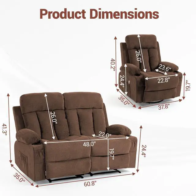 Alt view image 2 of 7 - VANBOW Manual Recliner Sofa Set, 2 Piece Reclining Living Room Furniture Sets with Cup Holders for Home Theater, Office (Brown, Loveseat+Chair)
