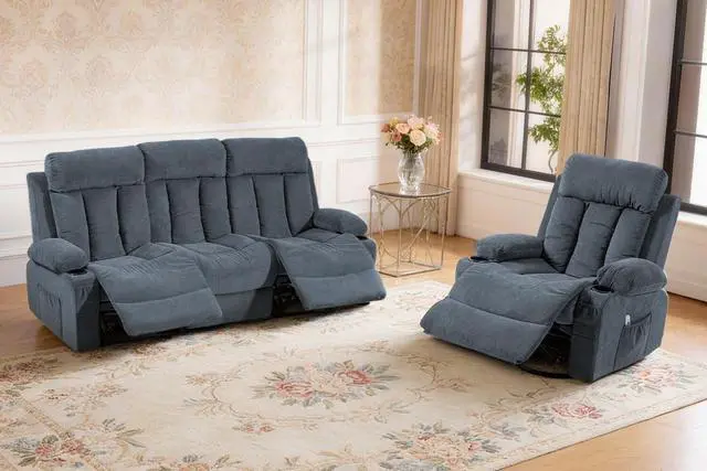 Main image of VANBOW Manual Recliner Sofa Set, 2 Piece Reclining Living Room Furniture Sets with Cup Holders for Home Theater, Office (Blue, Sofa+Chair)