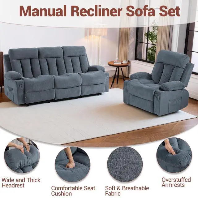 Alt view image 7 of 7 - VANBOW Manual Recliner Sofa Set, 2 Piece Reclining Living Room Furniture Sets with Cup Holders for Home Theater, Office (Blue, Sofa+Chair)