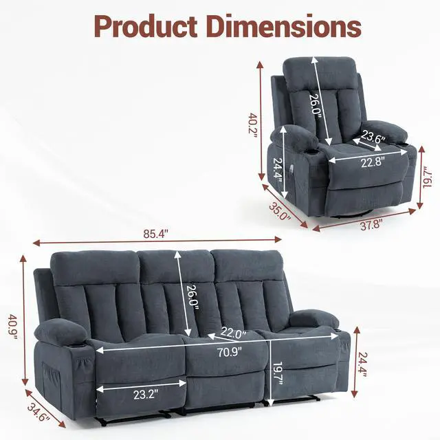 Alt view image 2 of 7 - VANBOW Manual Recliner Sofa Set, 2 Piece Reclining Living Room Furniture Sets with Cup Holders for Home Theater, Office (Blue, Sofa+Chair)