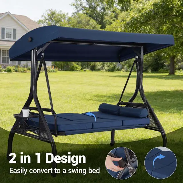 Alt view image 5 of 7 - VANBOW 3-Seat Outdoor Porch Swing with Adjustable Canopy, 2 in 1 Convertible Patio Swing Bed, Patio Glider Swing for Backyard