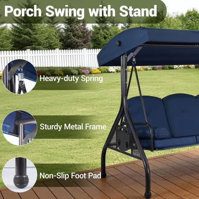 Alt view image 6 of 7 - VANBOW 3-Seat Outdoor Porch Swing with Adjustable Canopy, 2 in 1 Convertible Patio Swing Bed, Patio Glider Swing for Backyard