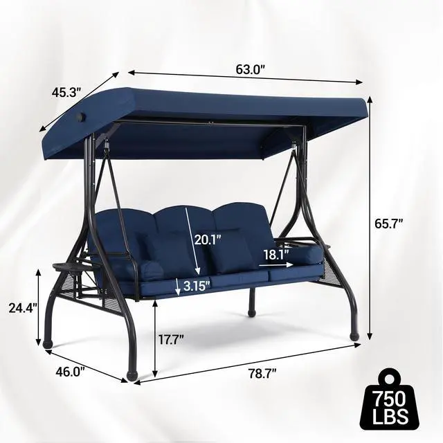 Alt view image 3 of 7 - VANBOW 3-Seat Outdoor Porch Swing with Adjustable Canopy, 2 in 1 Convertible Patio Swing Bed, Patio Glider Swing for Backyard