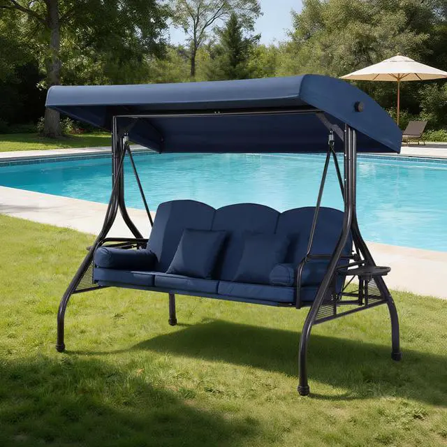 Main image of VANBOW 3-Seat Outdoor Porch Swing with Adjustable Canopy, 2 in 1 Convertible Patio Swing Bed, Patio Glider Swing for Backyard