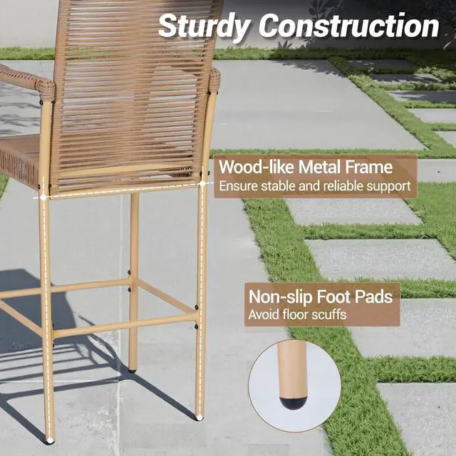 Alt view image 3 of 7 - VANBOW Counter Height Bar Stool Set of 4, 30" Patio Rattan Bar Stool Chairs with Armrests, Outdoor Barstools for Porch Garden Indoor Kitchen, Yellow