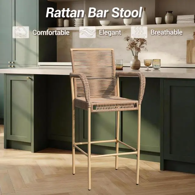 Alt view image 6 of 7 - VANBOW Counter Height Bar Stool Set of 4, 30" Patio Rattan Bar Stool Chairs with Armrests, Outdoor Barstools for Porch Garden Indoor Kitchen, Yellow