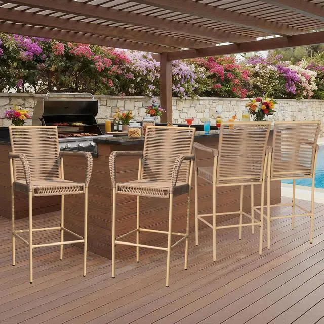 Alt view image 7 of 7 - VANBOW Counter Height Bar Stool Set of 4, 30" Patio Rattan Bar Stool Chairs with Armrests, Outdoor Barstools for Porch Garden Indoor Kitchen, Yellow