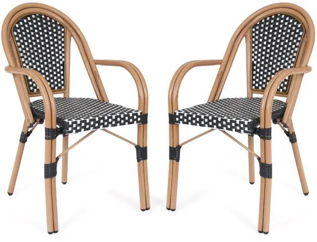 Main image of VANBOW French Bistro Chairs Set of 2 , Hand-Woven PE Rattan Outdoor Arm Dining Chairs with Metal Frame for Garden Balcony, White/Black
