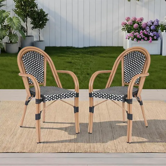 Alt view image 6 of 7 - VANBOW French Bistro Chairs Set of 2 , Hand-Woven PE Rattan Outdoor Arm Dining Chairs with Metal Frame for Garden Balcony, White/Black