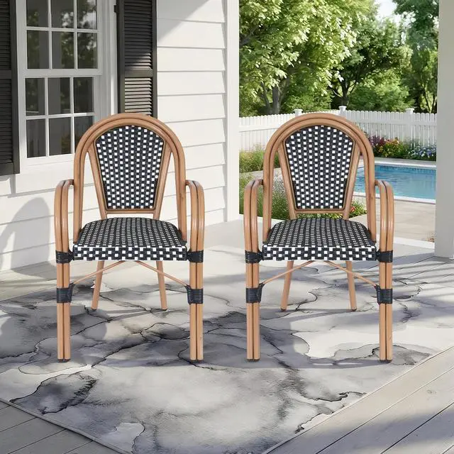 Alt view image 7 of 7 - VANBOW French Bistro Chairs Set of 2 , Hand-Woven PE Rattan Outdoor Arm Dining Chairs with Metal Frame for Garden Balcony, White/Black