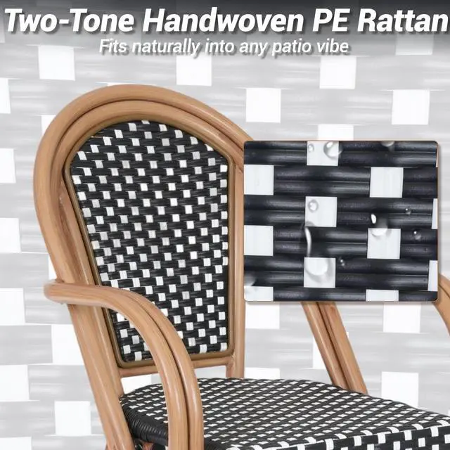Alt view image 5 of 7 - VANBOW French Bistro Chairs Set of 2 , Hand-Woven PE Rattan Outdoor Arm Dining Chairs with Metal Frame for Garden Balcony, White/Black