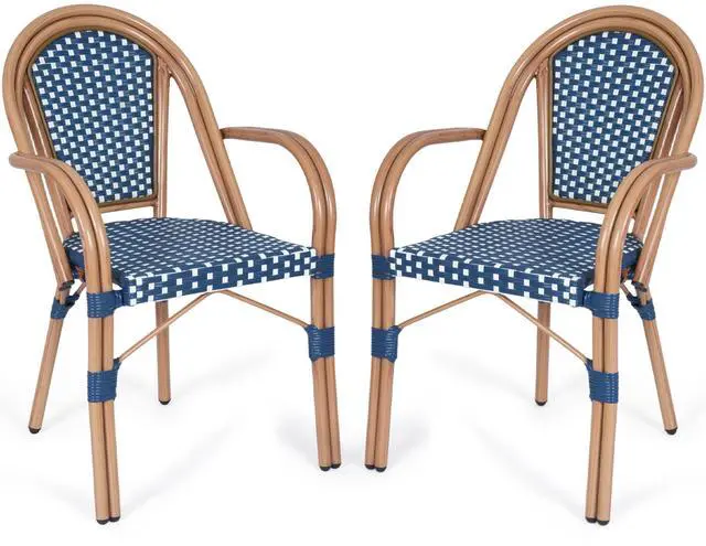 Main image of VANBOW French Bistro Chairs Set of 2 , Hand-Woven PE Rattan Outdoor Arm Dining Chairs with Metal Frame for Garden Balcony, White/Blue