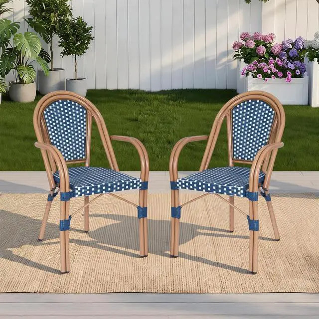 Alt view image 6 of 7 - VANBOW French Bistro Chairs Set of 2 , Hand-Woven PE Rattan Outdoor Arm Dining Chairs with Metal Frame for Garden Balcony, White/Blue