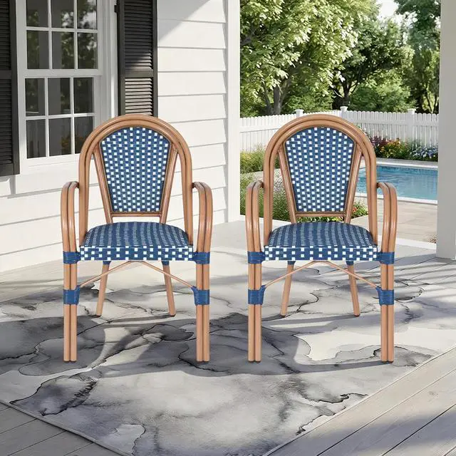 Alt view image 7 of 7 - VANBOW French Bistro Chairs Set of 2 , Hand-Woven PE Rattan Outdoor Arm Dining Chairs with Metal Frame for Garden Balcony, White/Blue
