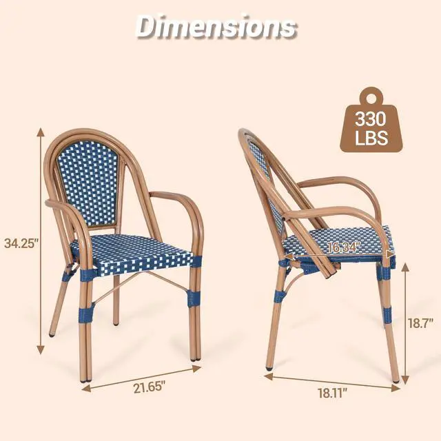 Alt view image 2 of 7 - VANBOW French Bistro Chairs Set of 2 , Hand-Woven PE Rattan Outdoor Arm Dining Chairs with Metal Frame for Garden Balcony, White/Blue