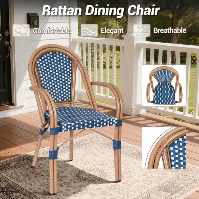 Alt view image 4 of 7 - VANBOW French Bistro Chairs Set of 2 , Hand-Woven PE Rattan Outdoor Arm Dining Chairs with Metal Frame for Garden Balcony, White/Blue