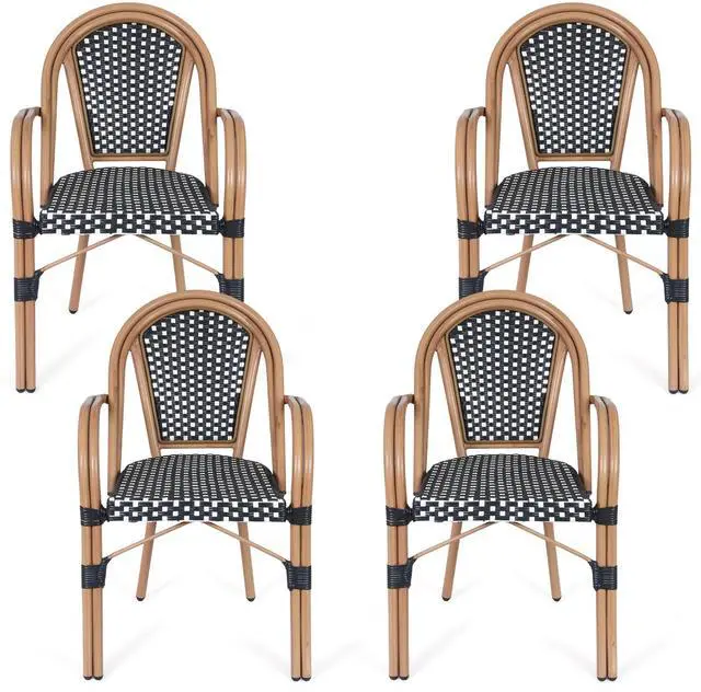 Main image of VANBOW French Bistro Chairs Set of 4, Hand-Woven PE Rattan Outdoor Arm Dining Chairs with Metal Frame for Garden Balcony, White/Black