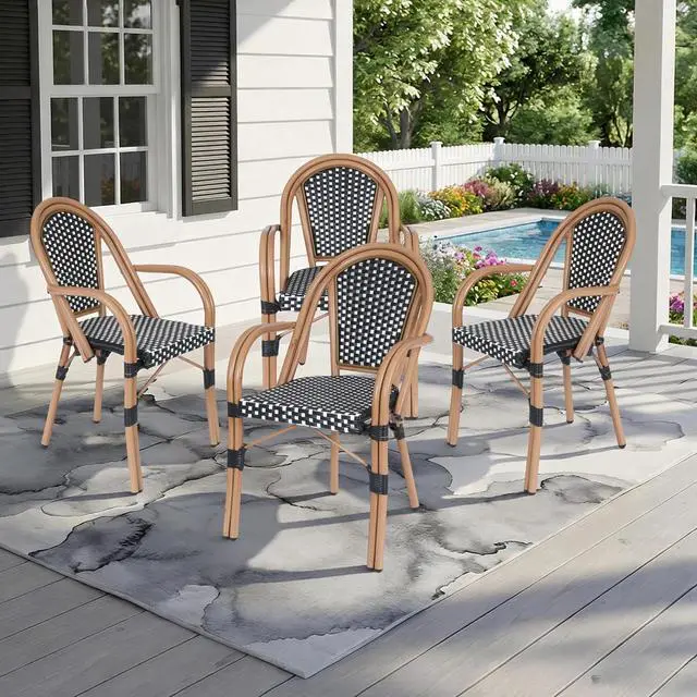 Alt view image 7 of 7 - VANBOW French Bistro Chairs Set of 4, Hand-Woven PE Rattan Outdoor Arm Dining Chairs with Metal Frame for Garden Balcony, White/Black