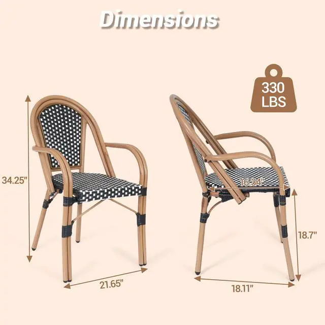 Alt view image 2 of 7 - VANBOW French Bistro Chairs Set of 4, Hand-Woven PE Rattan Outdoor Arm Dining Chairs with Metal Frame for Garden Balcony, White/Black