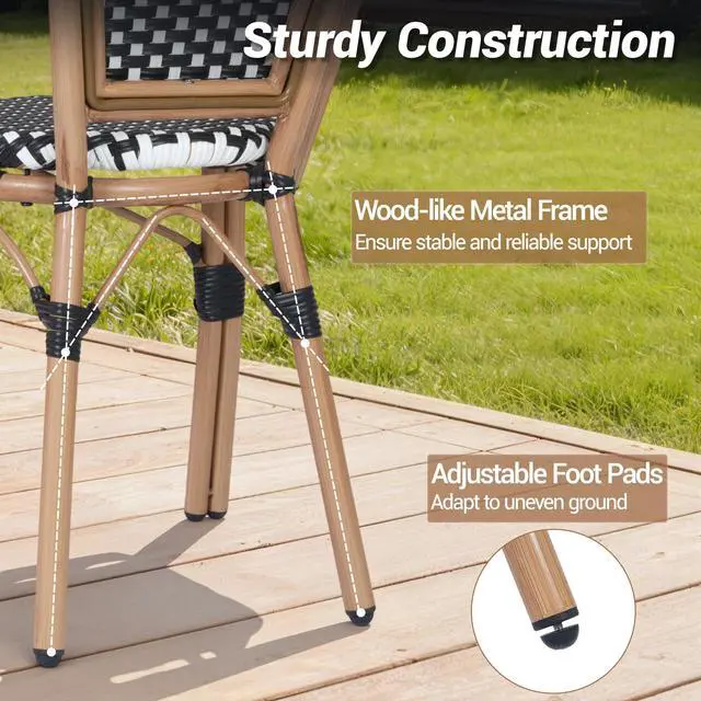 Alt view image 3 of 7 - VANBOW French Bistro Chairs Set of 4, Hand-Woven PE Rattan Outdoor Arm Dining Chairs with Metal Frame for Garden Balcony, White/Black