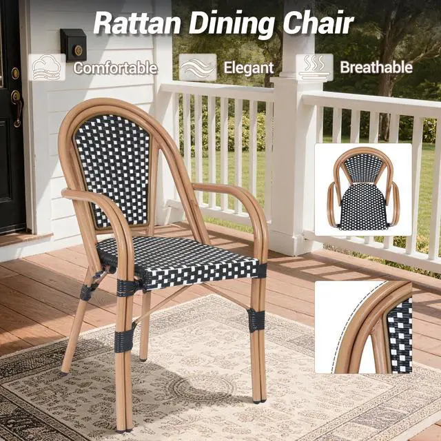 Alt view image 4 of 7 - VANBOW French Bistro Chairs Set of 4, Hand-Woven PE Rattan Outdoor Arm Dining Chairs with Metal Frame for Garden Balcony, White/Black
