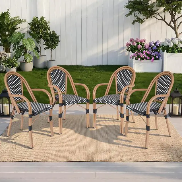 Alt view image 6 of 7 - VANBOW French Bistro Chairs Set of 4, Hand-Woven PE Rattan Outdoor Arm Dining Chairs with Metal Frame for Garden Balcony, White/Black