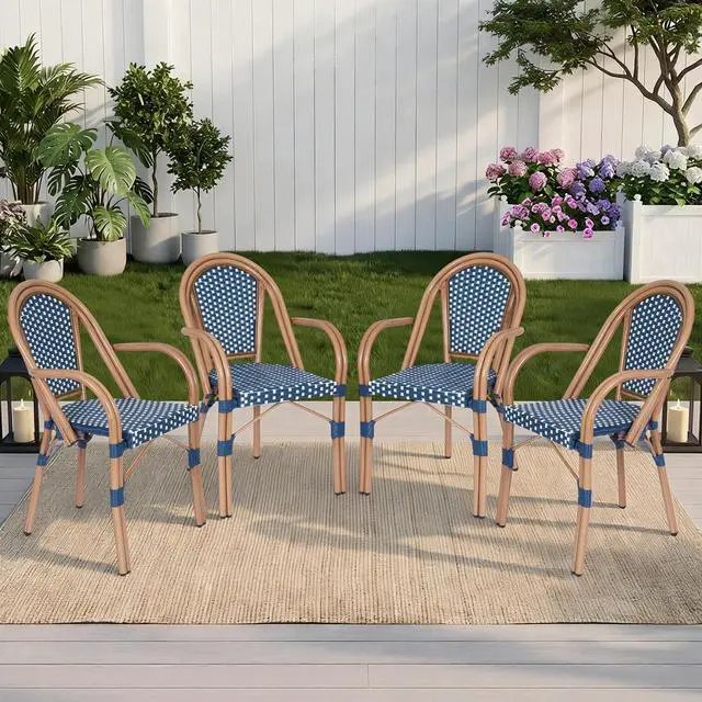 Alt view image 6 of 7 - VANBOW French Bistro Chairs Set of 4, Hand-Woven PE Rattan Outdoor Arm Dining Chairs with Metal Frame for Garden Balcony, White/Blue