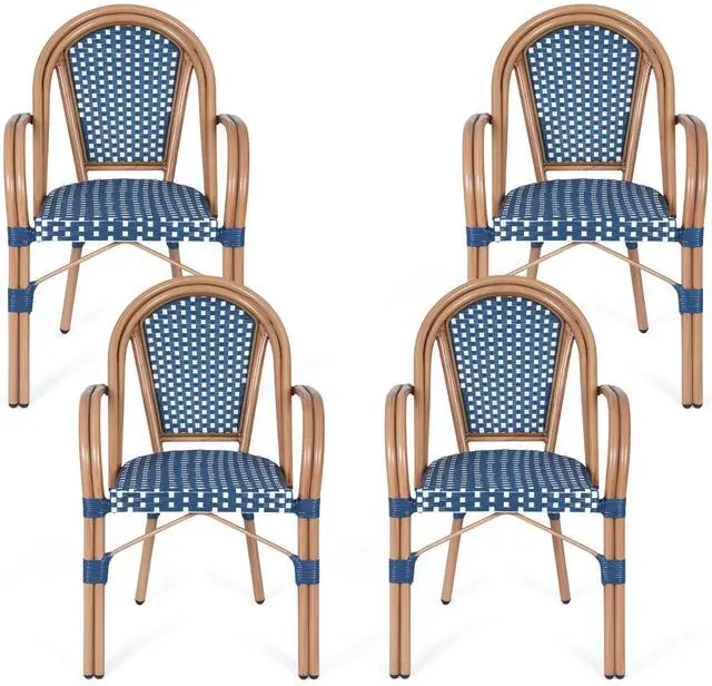 Main image of VANBOW French Bistro Chairs Set of 4, Hand-Woven PE Rattan Outdoor Arm Dining Chairs with Metal Frame for Garden Balcony, White/Blue